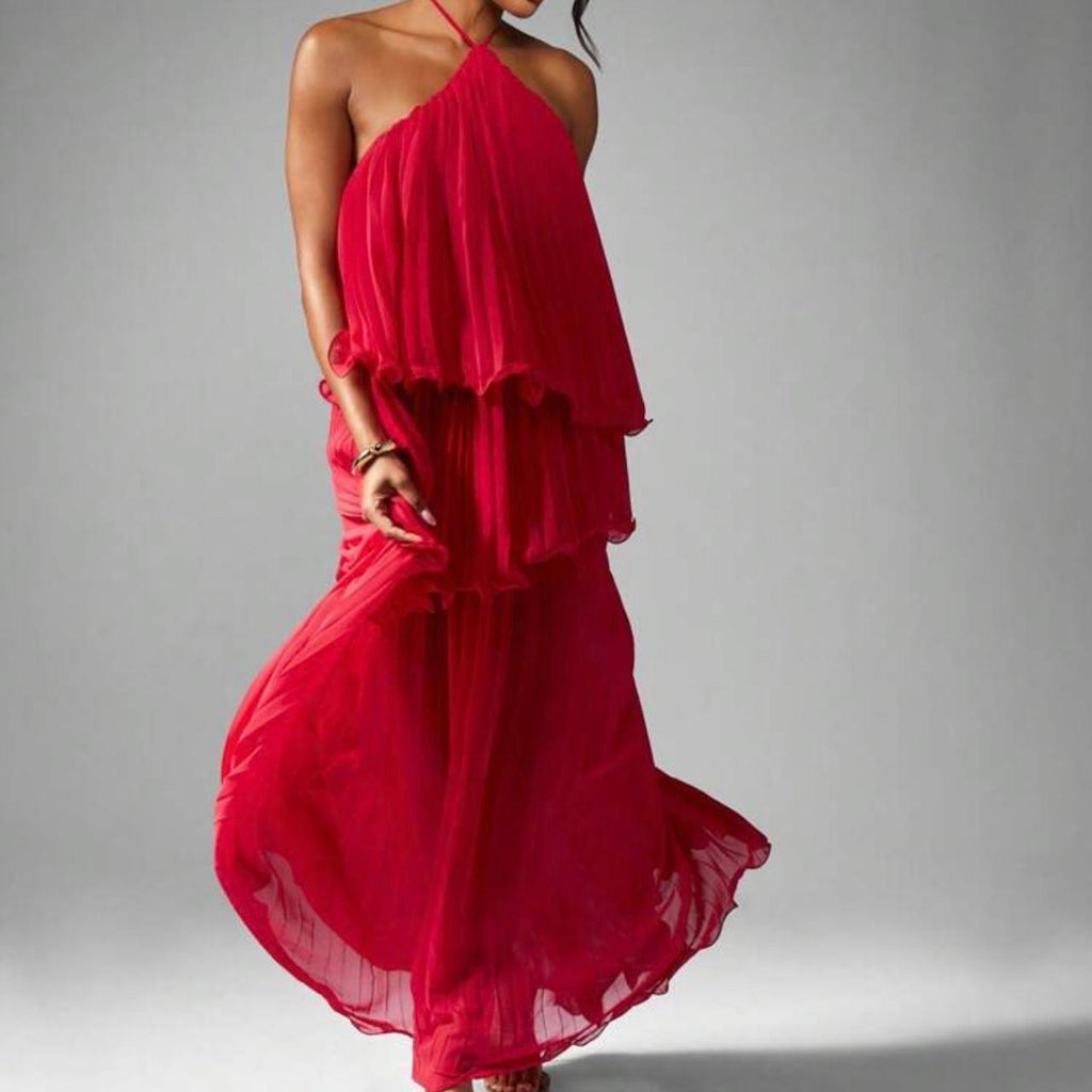 Ruffled Georgette Maxi Halter Dress